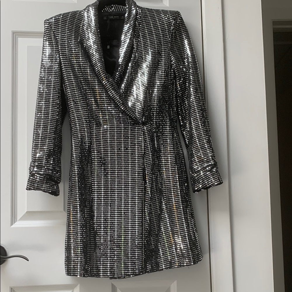 Zara Silver Blazer with Metallic Finish and Tailored Fit